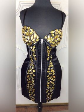 Sherri Hill Satin a corset Dress with Gold Gem Accents Size 8